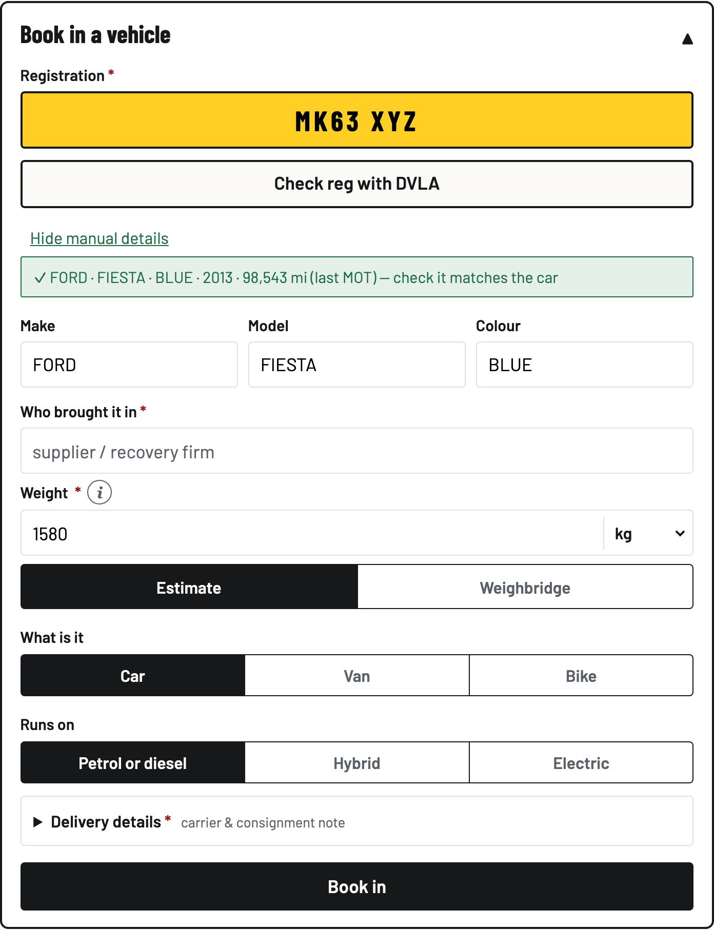 The Book in a vehicle form after a DVLA check: registration MK63 XYZ on a yellow plate, and FORD FIESTA BLUE 2013 filled in automatically