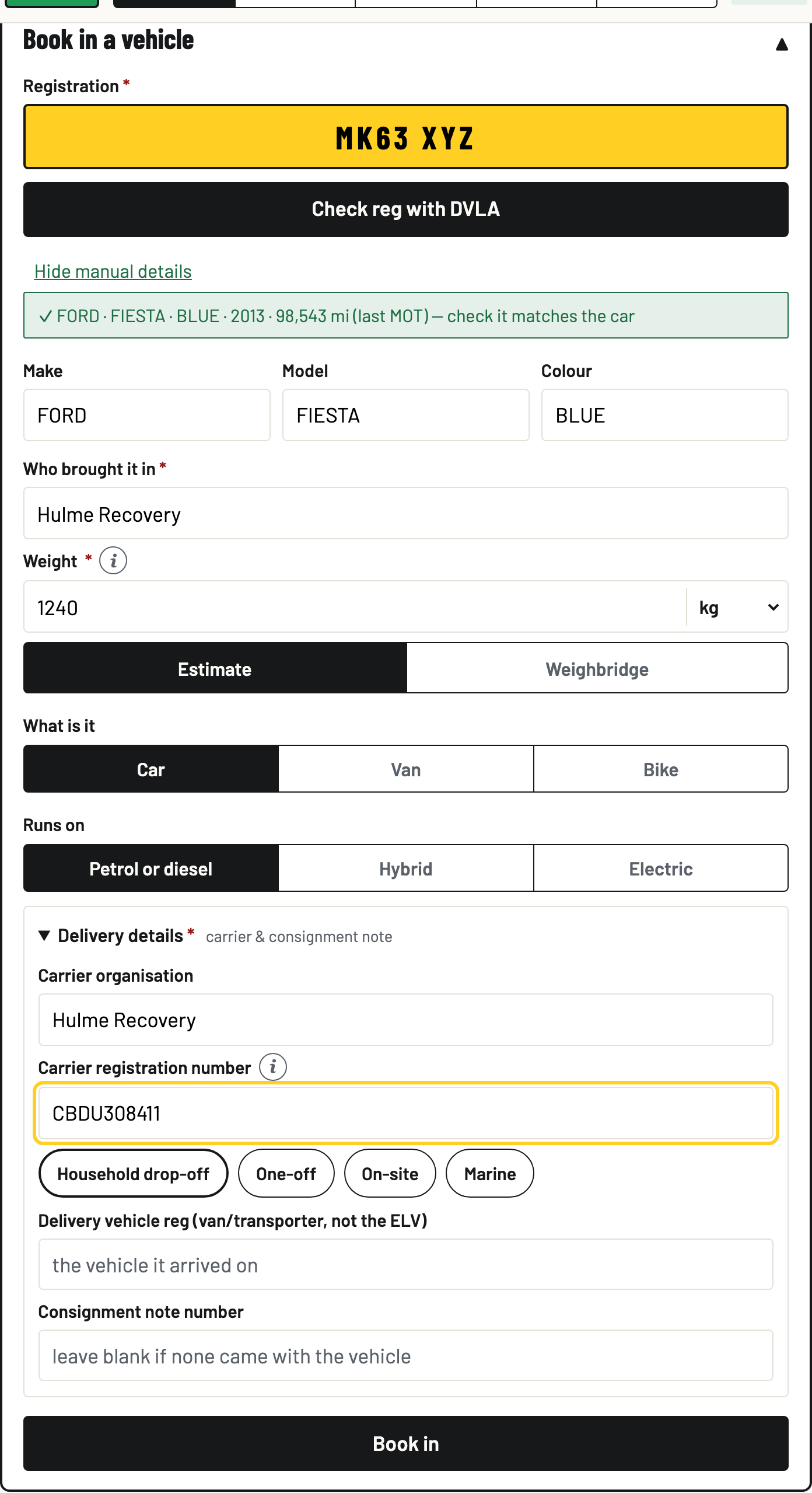 Delivery details open: carrier organisation Hulme Recovery, carrier registration number CBDU308411, and the four no-number reason chips