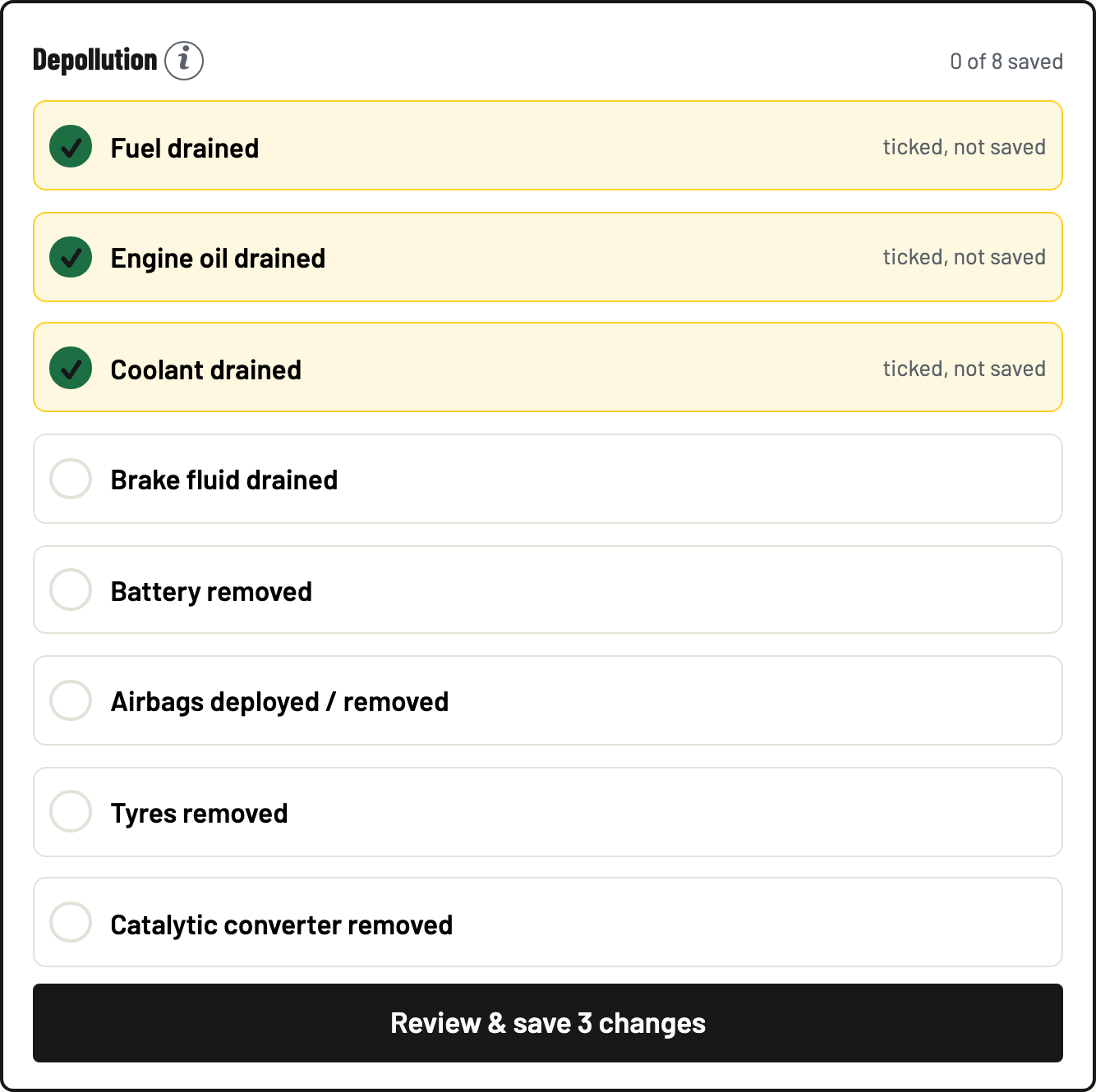 The depollution checklist with three steps ticked, each marked ticked, not saved