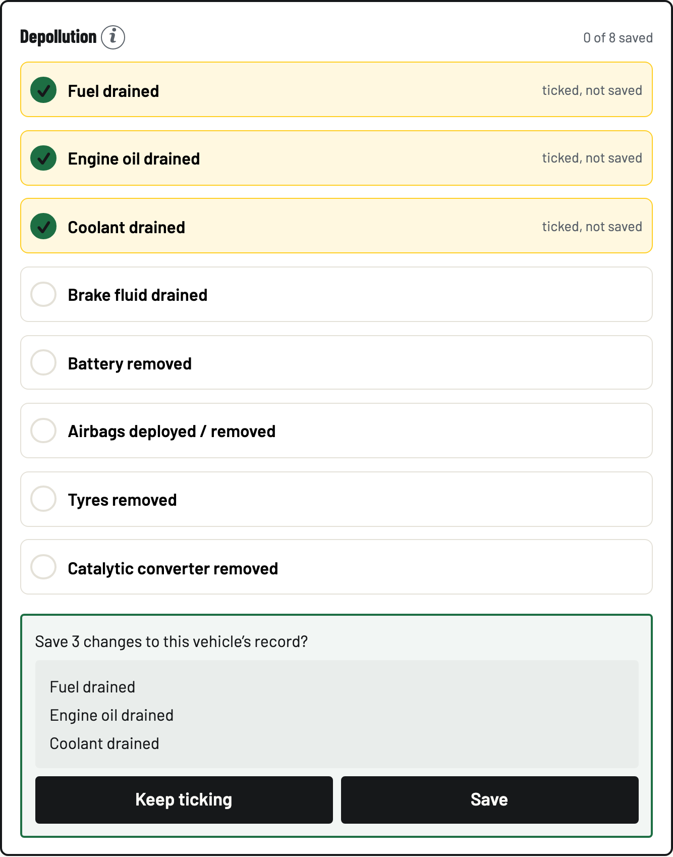 The review-and-save confirmation listing the staged depollution steps with a Save button