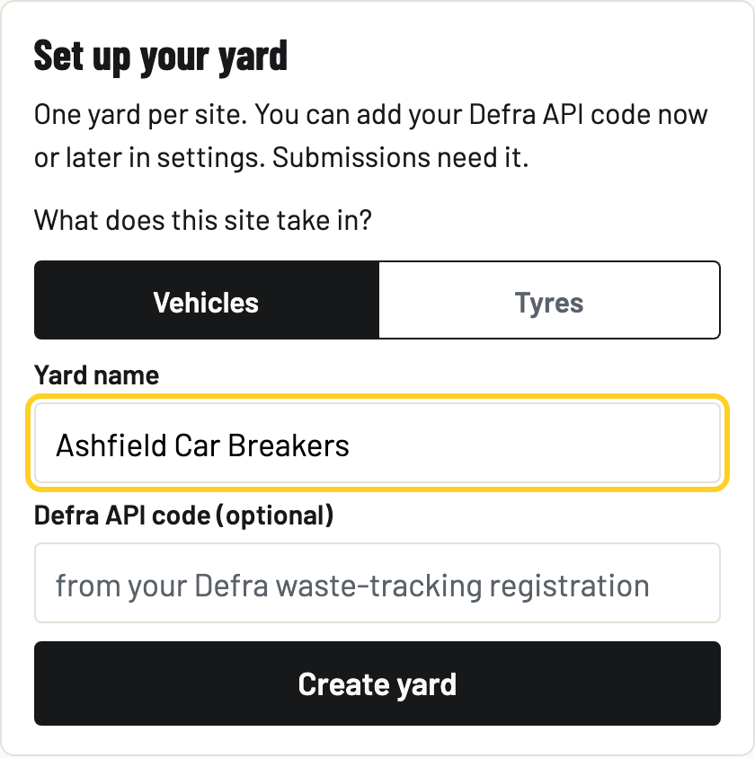 The Set up your yard card with the yard name filled in as Ashfield Car Breakers