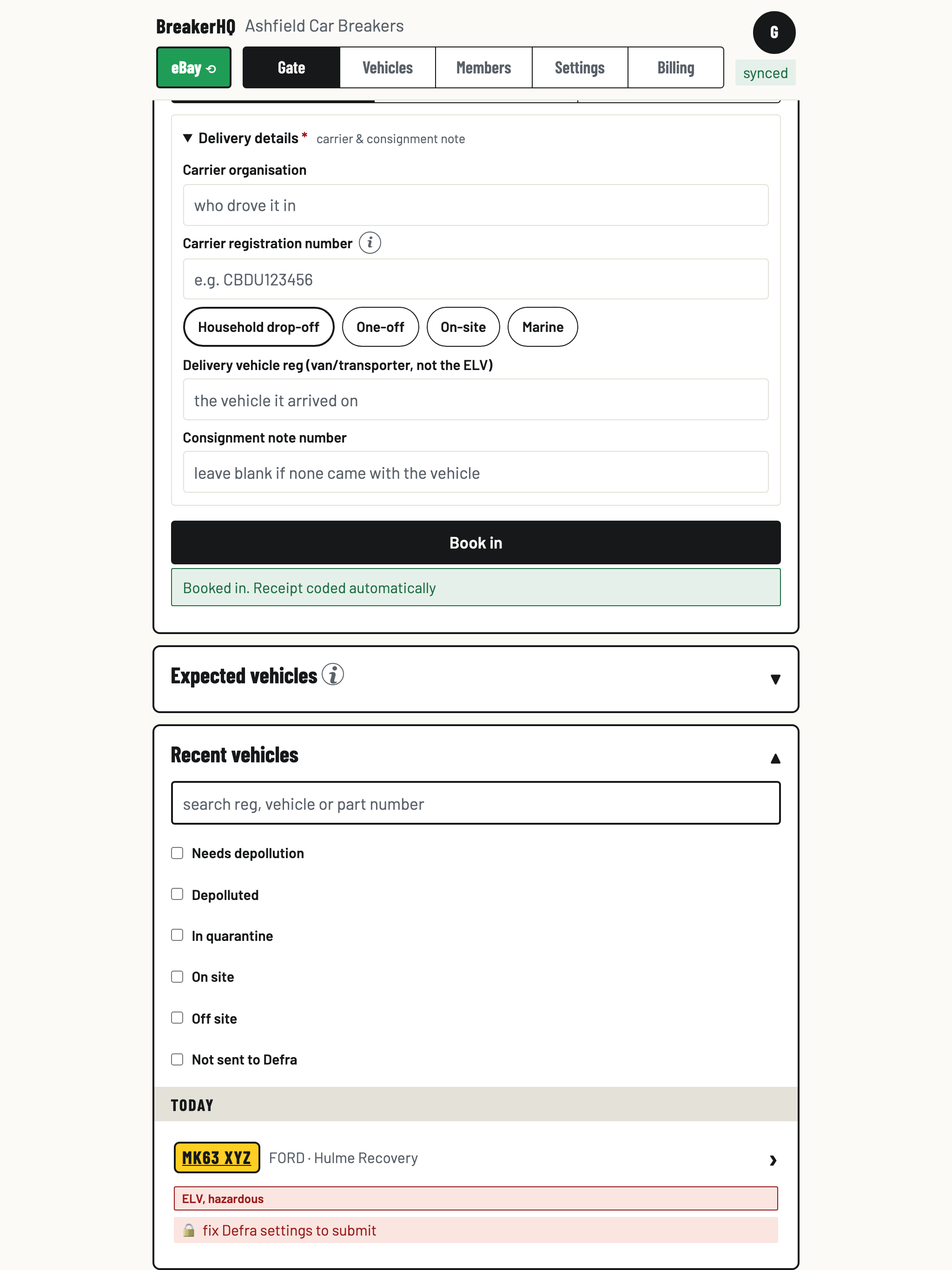 The BreakerHQ gate screen on a tablet: Book in a vehicle form with a DVLA-checked Ford Fiesta, and the Recent vehicles list below
