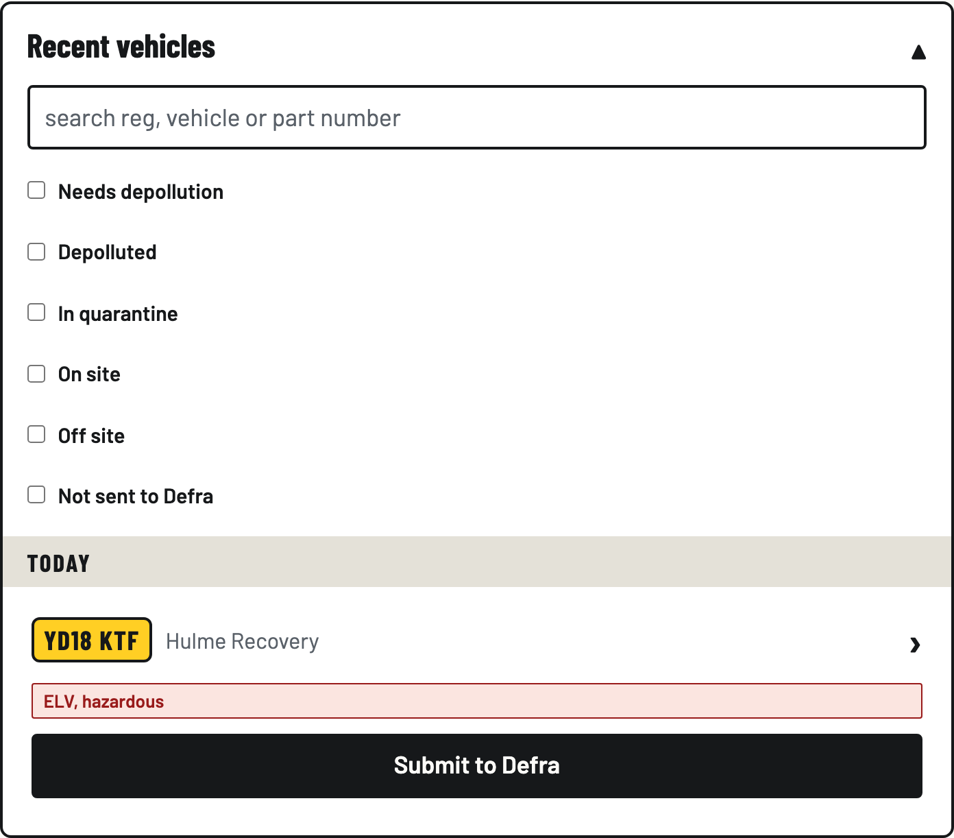 A vehicle row in Recent vehicles with its ELV hazardous badge and the Submit to Defra button