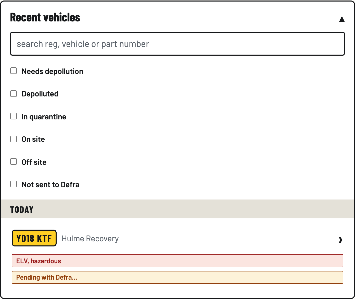 The same vehicle row now showing Pending with Defra