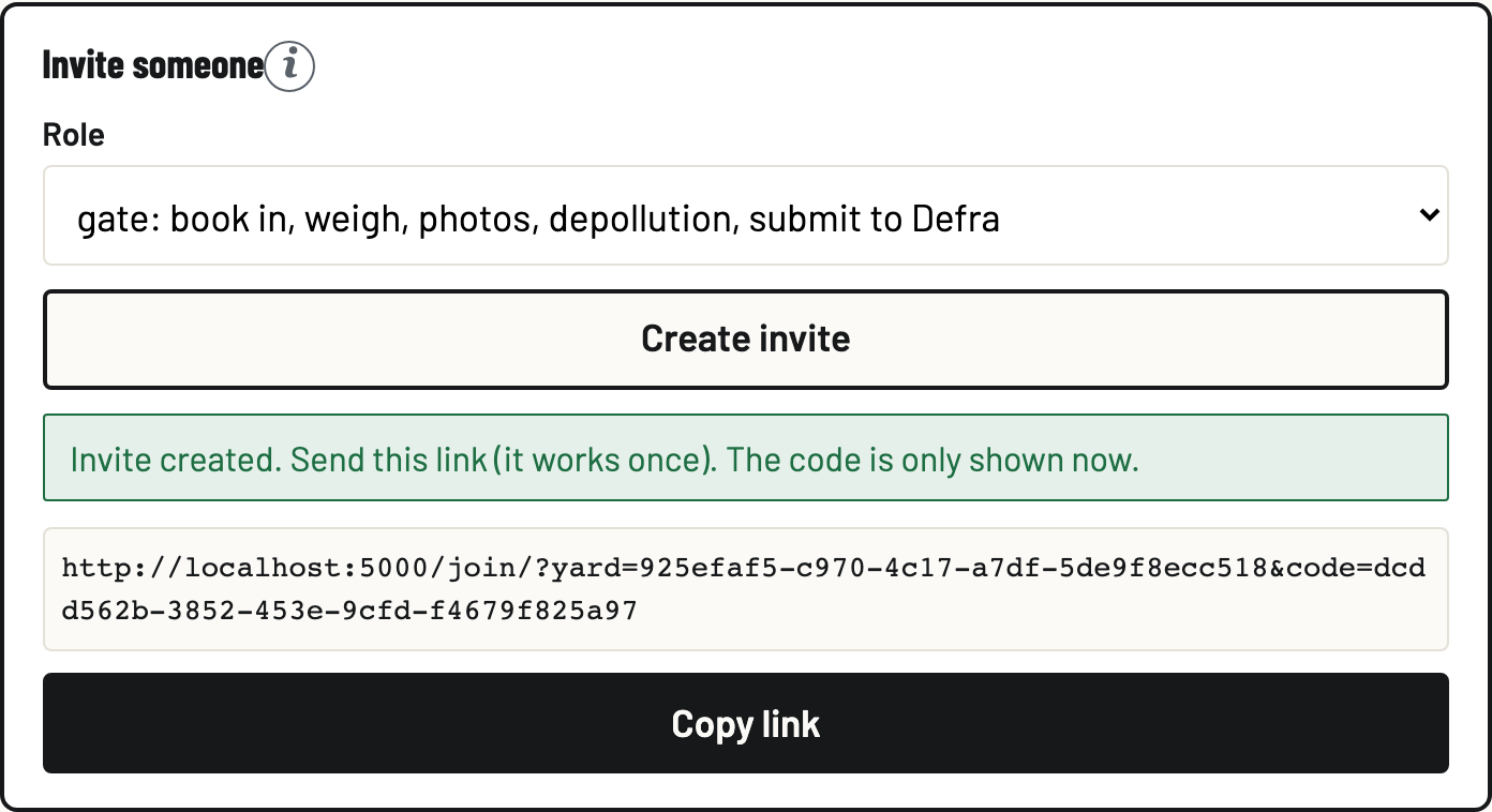 Invite created: the one-time join link ready to copy and send